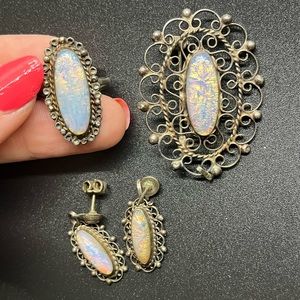 Vintage Foil Glass Sterling Silver Jewelry Set Made in Mexico